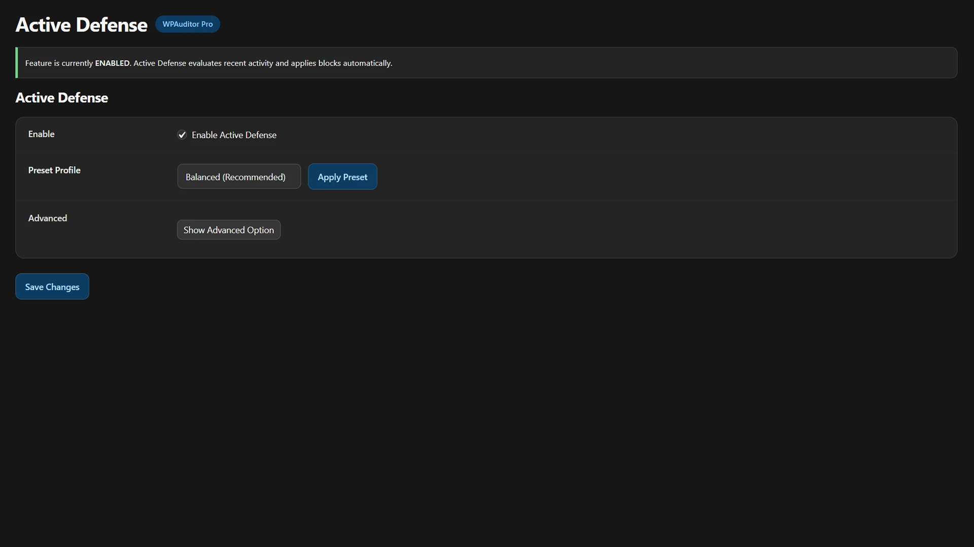 WPAuditor Active Defense settings showing automatic response status, an enabled protection mode, a balanced preset profile, and advanced configuration controls