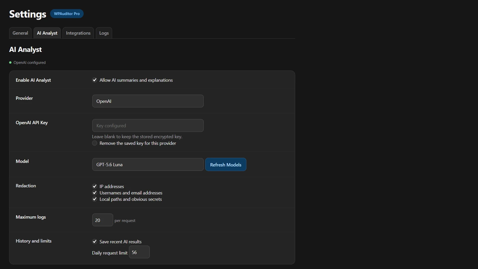 WPAuditor AI Analyst settings showing provider and model selection, encrypted API-key configuration, privacy redaction, log limits, analysis history, and daily request controls