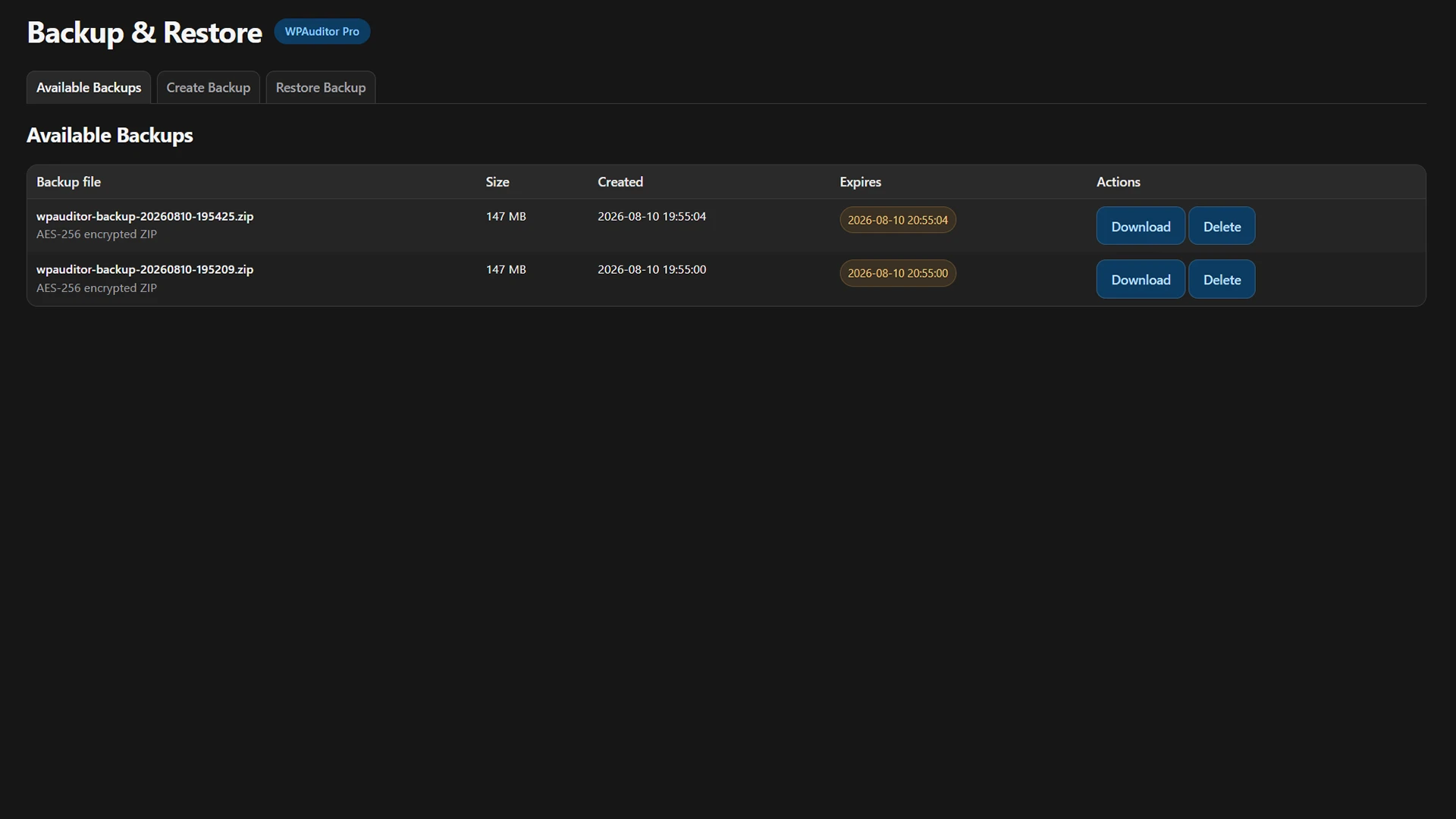 WPAuditor Backup and Restore interface showing AES-256 encrypted WordPress backups, file sizes, creation and expiration times, and download or delete actions