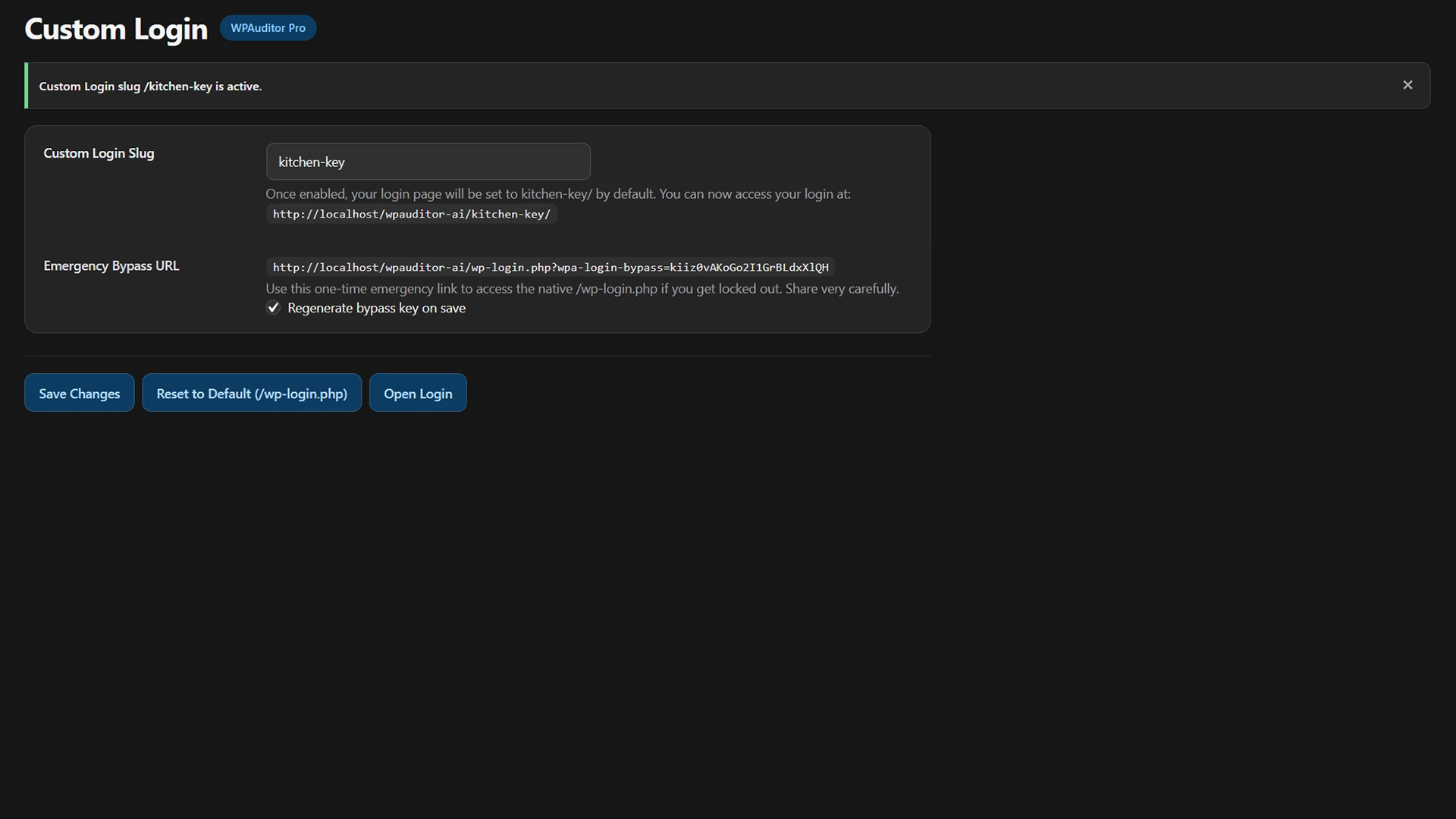 WPAuditor Custom Login interface showing a private WordPress login slug, emergency bypass URL, automatic bypass-key regeneration, and recovery controls