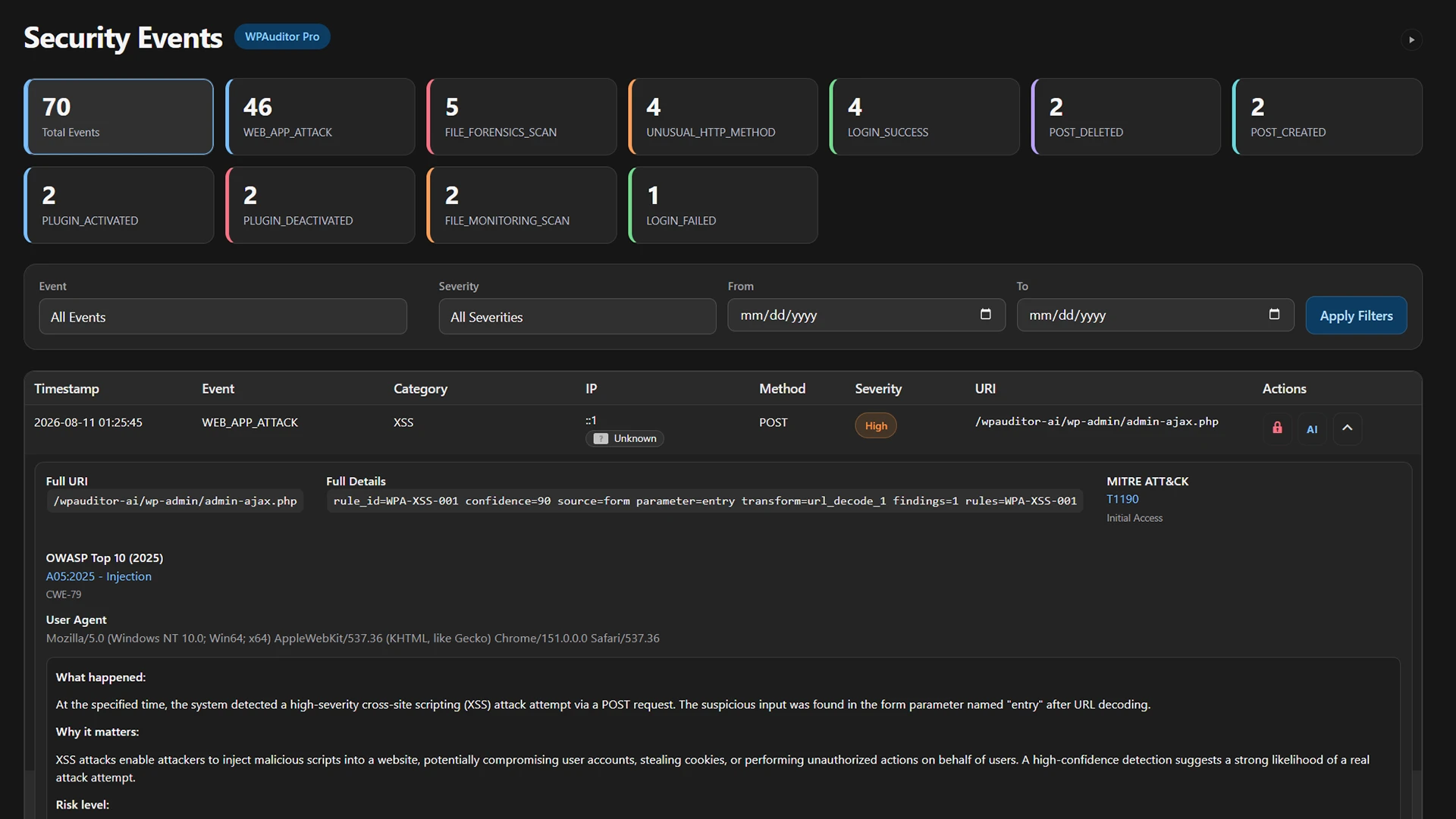 WPAuditor Security Events interface showing categorized event totals, severity and date filters, and expanded attack evidence with MITRE ATT&CK and OWASP context